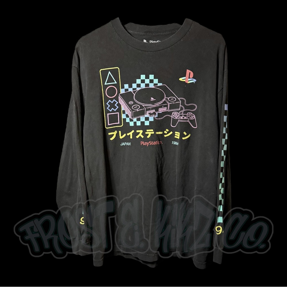 PlayStation  Mens LS Tee Black Retro Console Japan 1994 Gamer Sony Sz L (Worn)